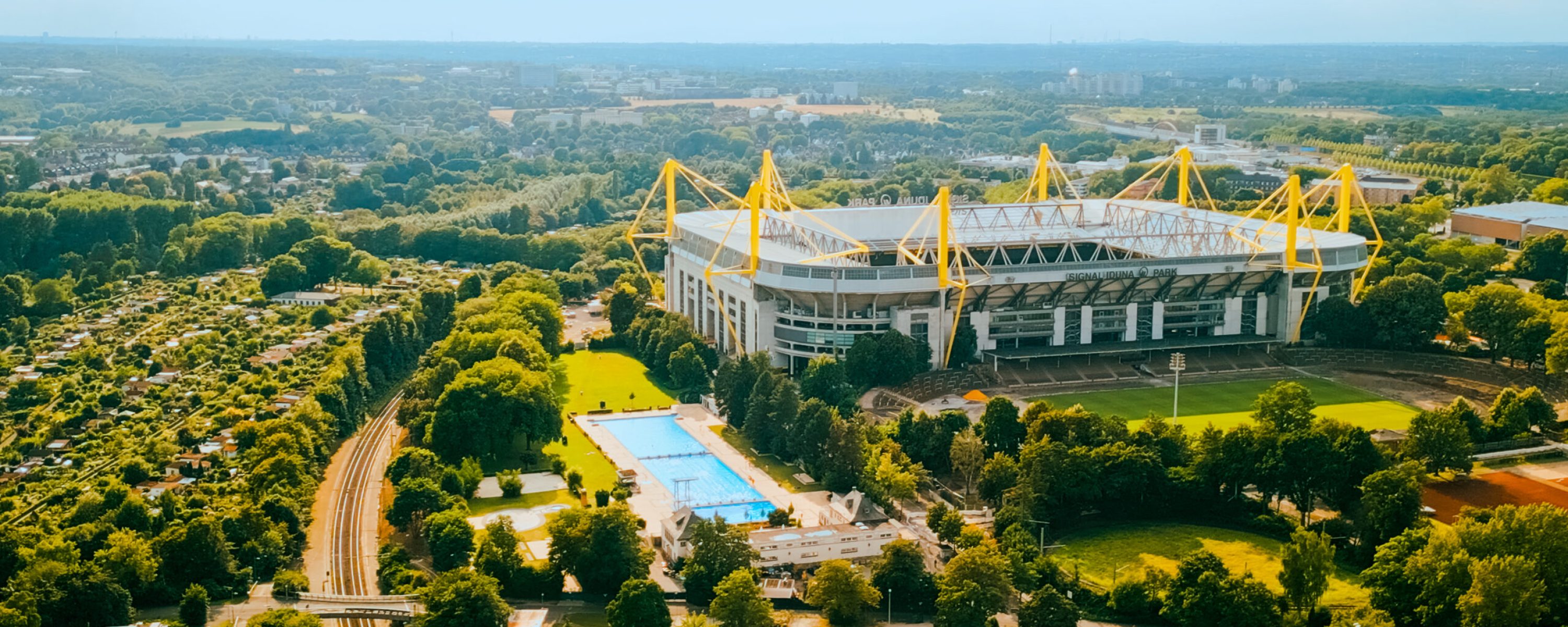 Aerial shot of football stadium BVB Borussia, Signal Iduna Park in Dortmund, Germany.